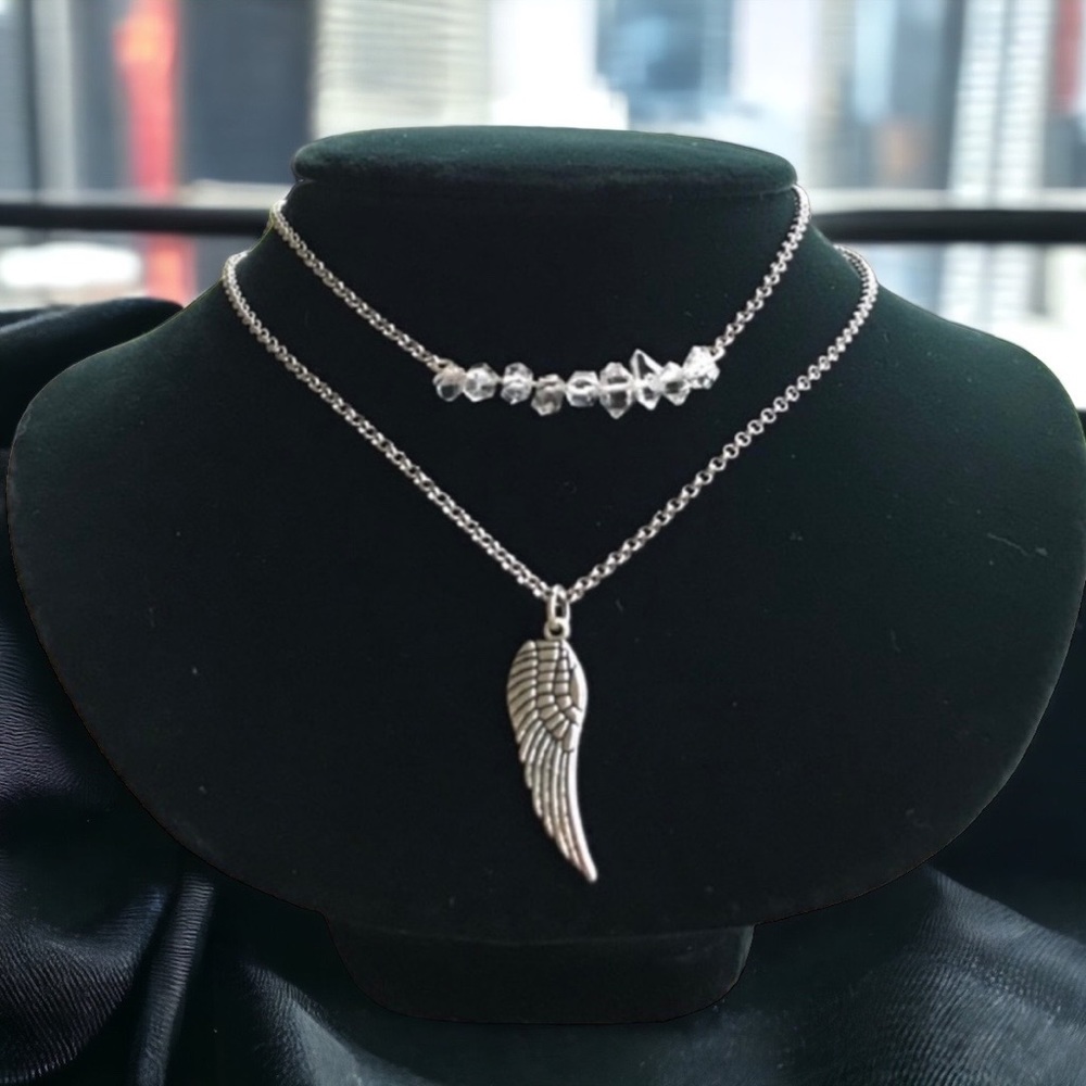 Angel wing necklace .herkimer diamonds crystals quartz & silver angel wing charm